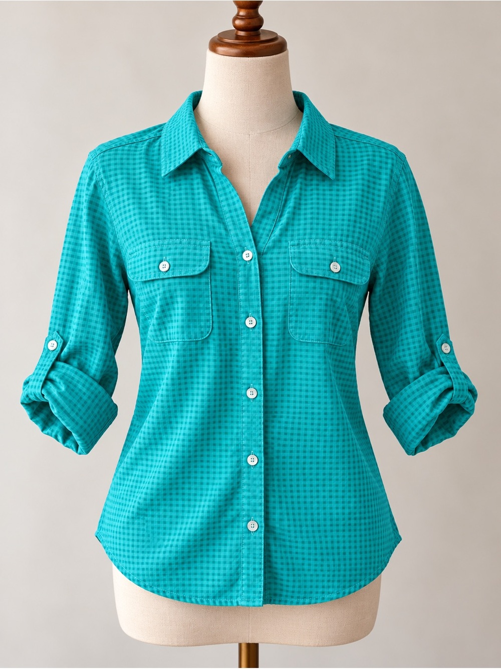 Notations M Turquoise Textured Check Roll Tab Button Up Blouse